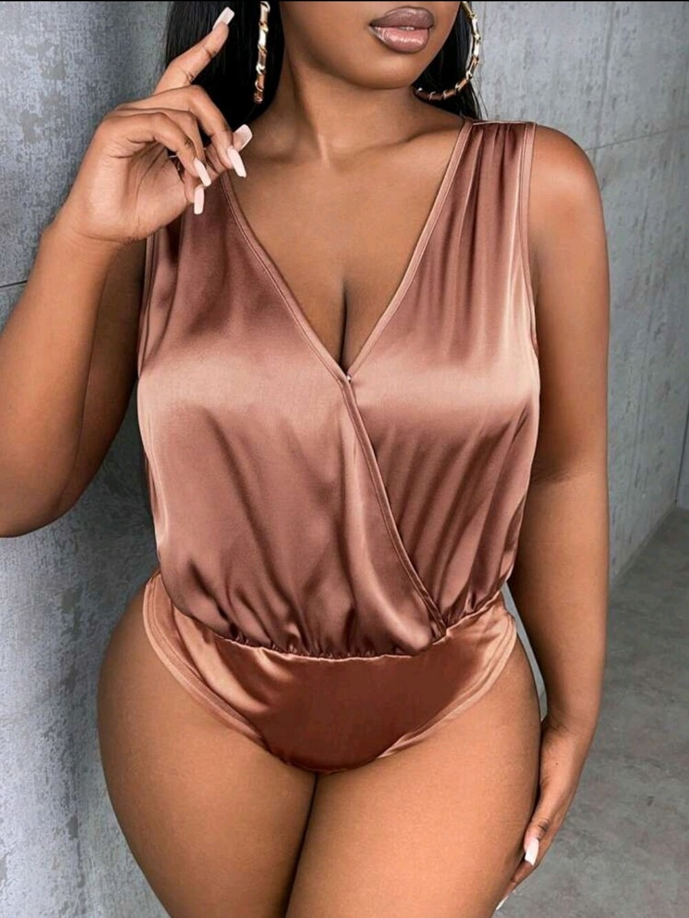 SHEIN Bronze Satin Wrap-Front Sleeveless Bodysuit